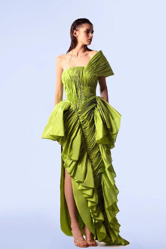 Asymmetrical fully draped taffeta dress