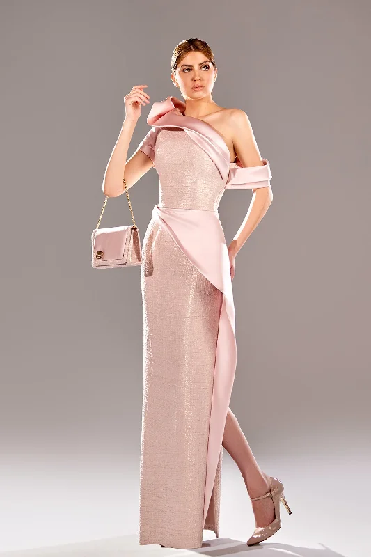 Asymmetrical neckline brocade dress