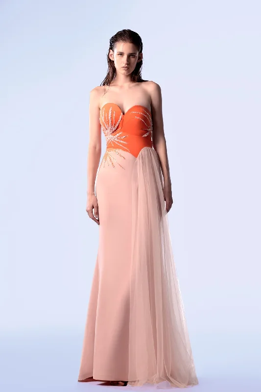 Asymmetrical neckline crepe and lace dress