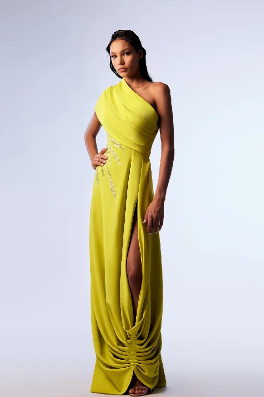 Asymmetrical neckline crepe dress with embroidery
