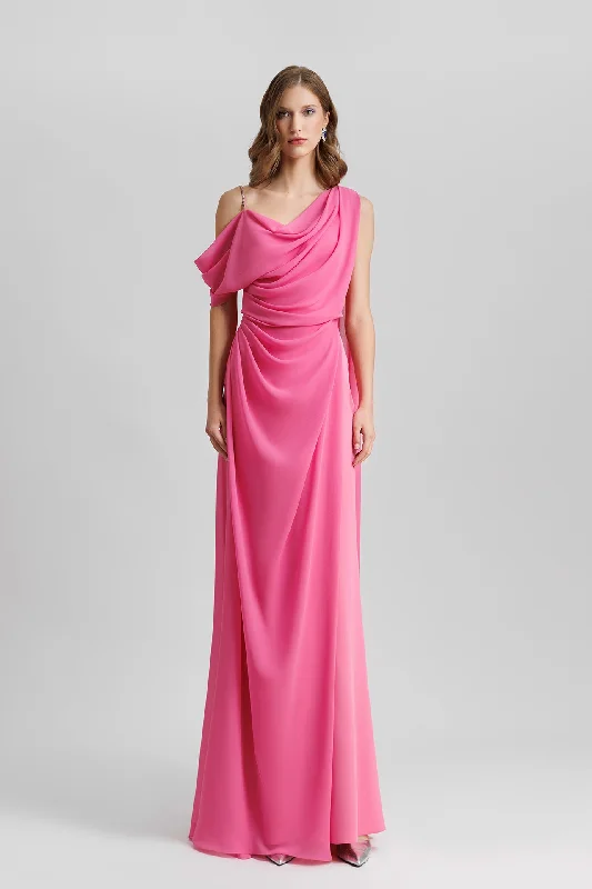 Asymmetrical neckline crepe dress