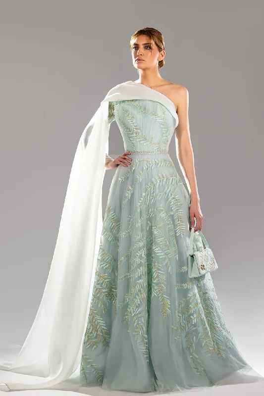 Asymmetrical neckline embroidered gown
