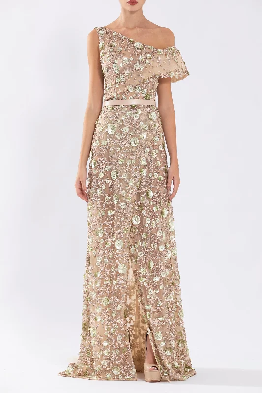 Asymmetrical neckline fully embroidered dress