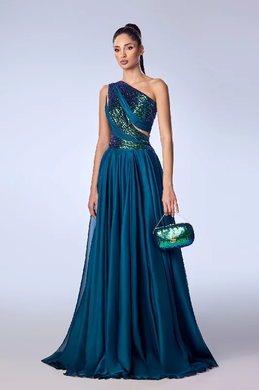 Asymmetrical neckline mousseline dress
