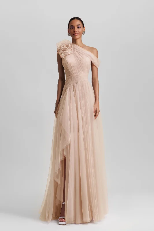 Asymmetrical neckline tulle blush dress