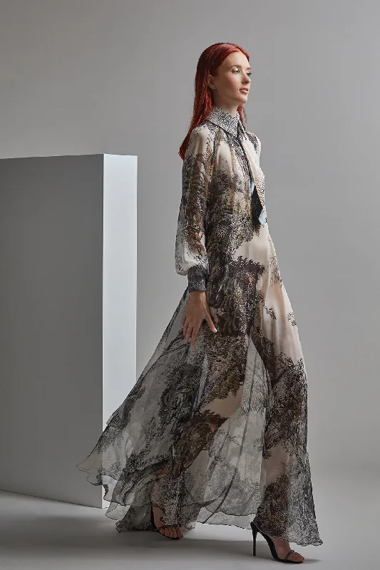 Beaded collar printed dress
