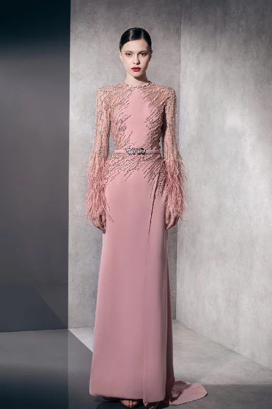 Beaded dress with feathers