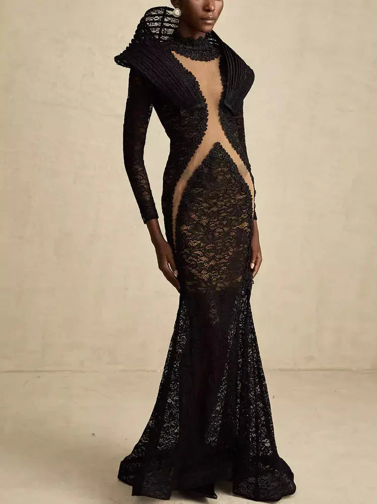 Black Lace Structured-Collar Split-Detailed Gown