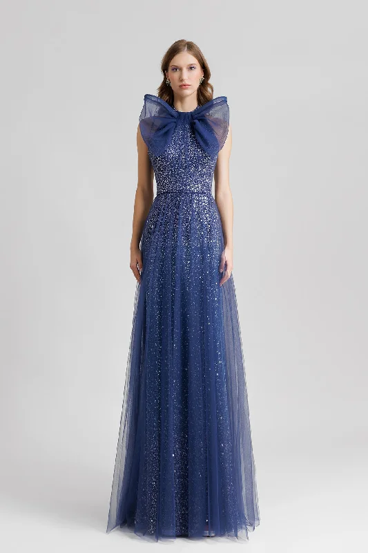 Bow detailed embroidered tulle dress