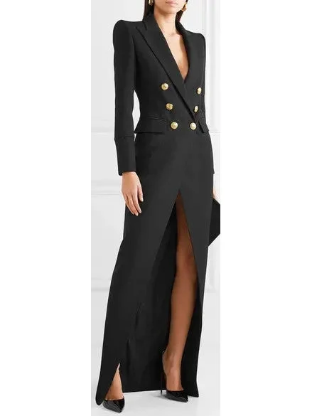 Button-Embellished Double-Breasted Dress, Black