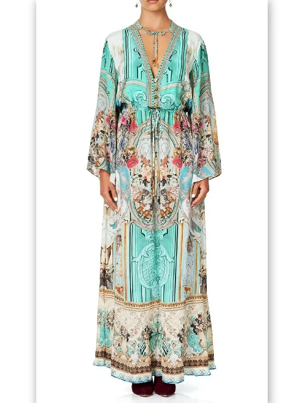 Button-Up Drawstring Celestial Print Silk Dress