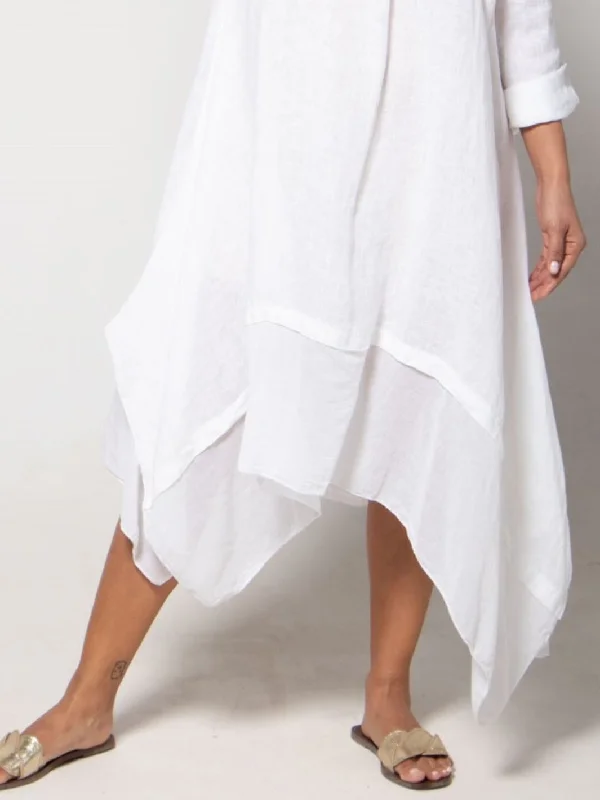 Buttoned Linen Dress With Sleeves - White