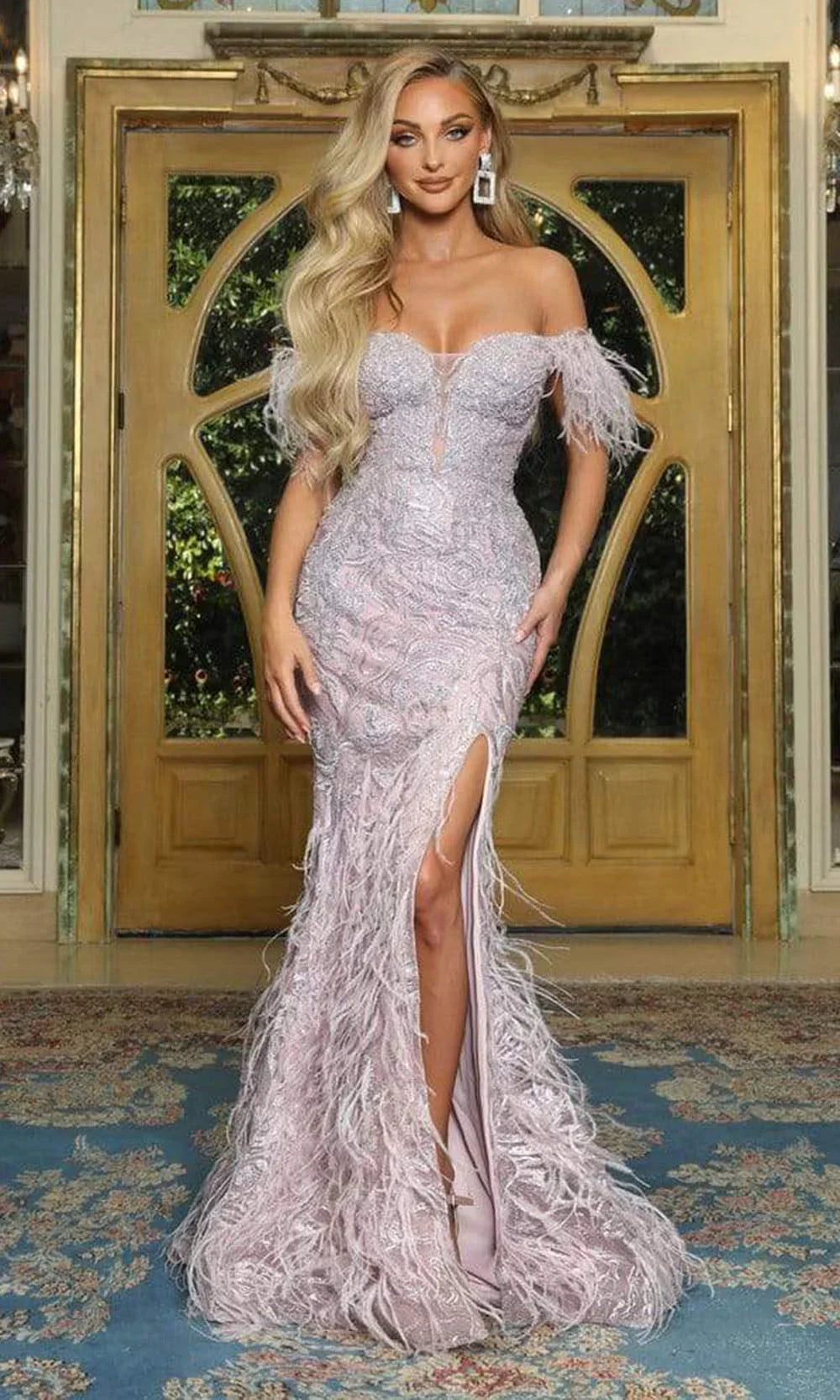 **Captivating Elegance: Portia and Scarlett's Feather-Embellished Evening Gown**