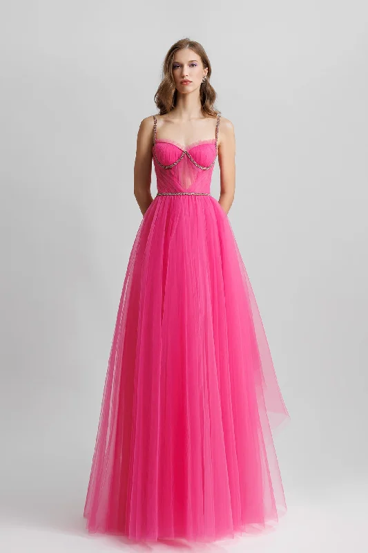 Corseted tulle dress with beading