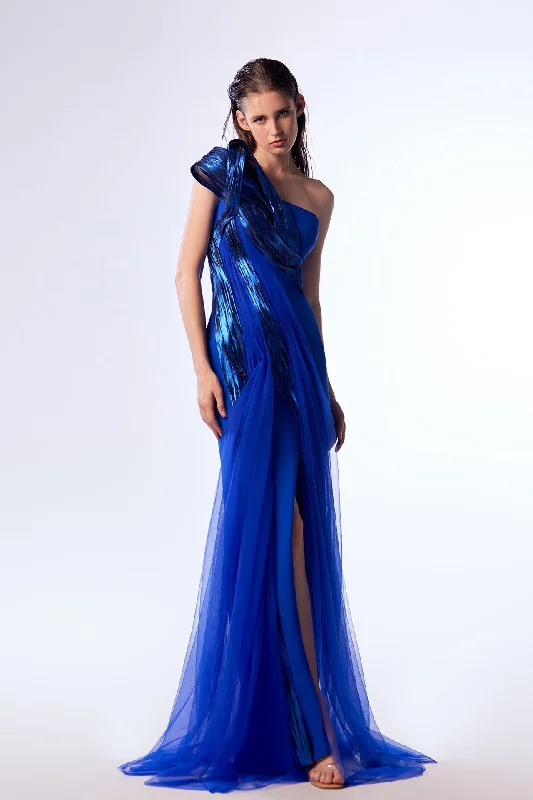 Crepe and metallic electric blue dress