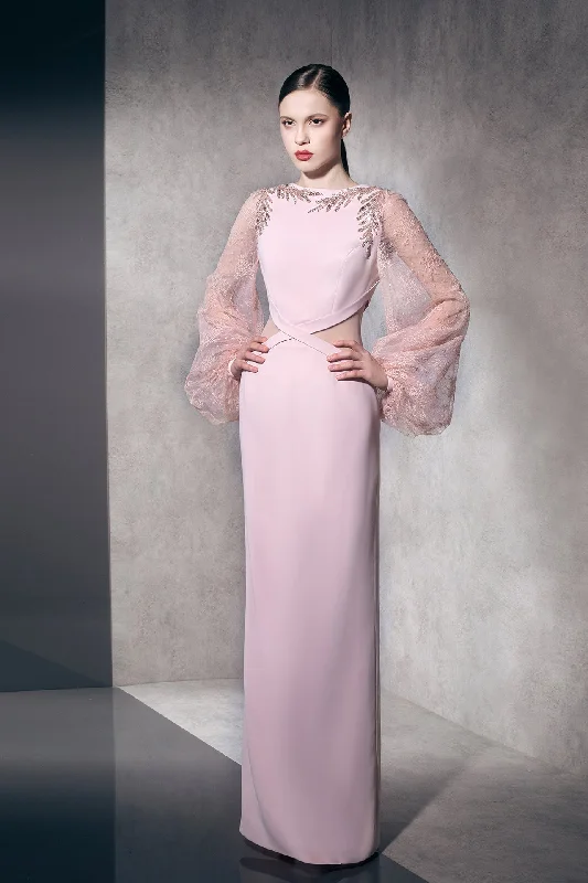Crepe dress with lace sleeves