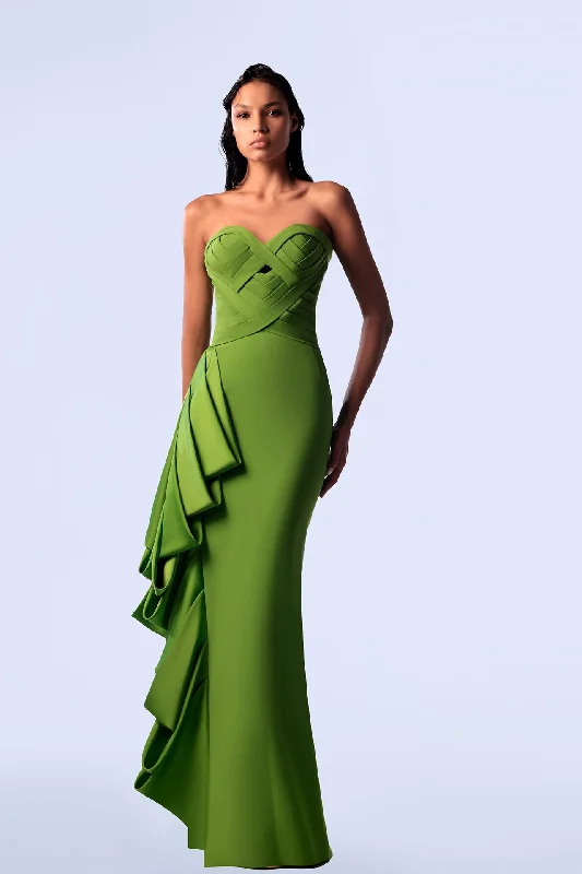 Crepe mermaid dress with pleats and ruffles