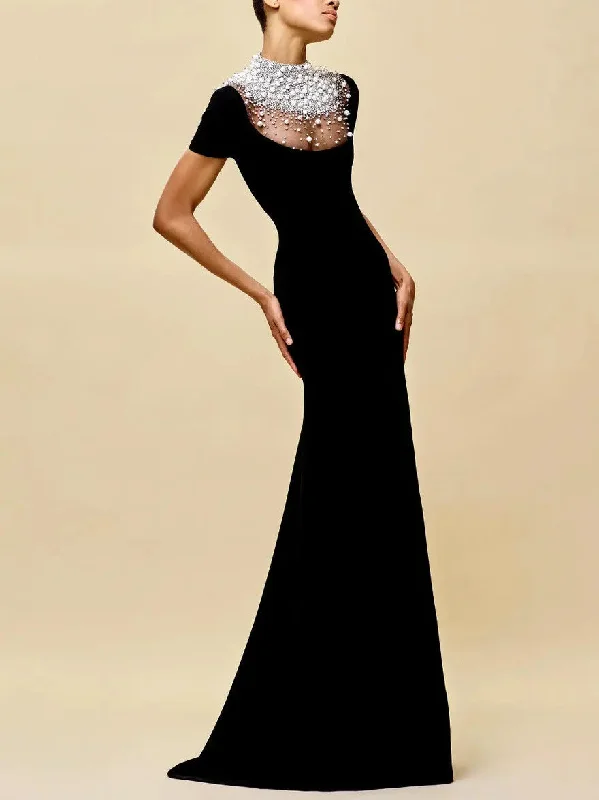 Crystal and Pearl-Embellished Long Black Velvet and Mesh Gown