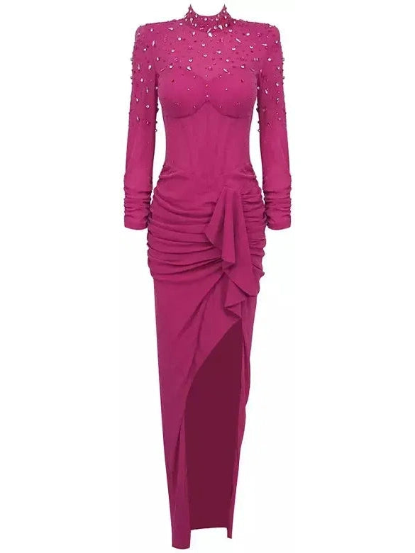 Crystal-Embellished Long-Sleeve Corset Dress in Fuchsia