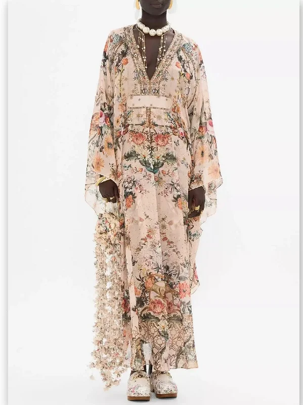 Crystal Embellished V-Neck Rose Garden Printed Kaftan Dress