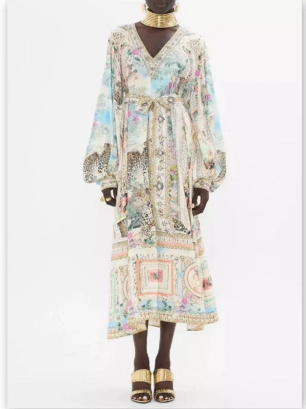 Crystal V-Neck Long Blouson-Sleeve Printed Dress