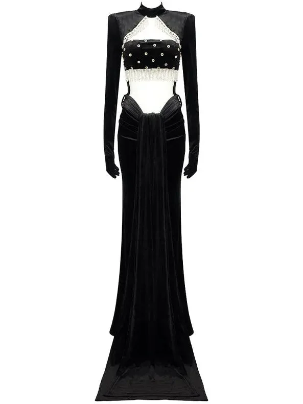 Embellished Long Cut-Out Velvet Gown with Sleeves