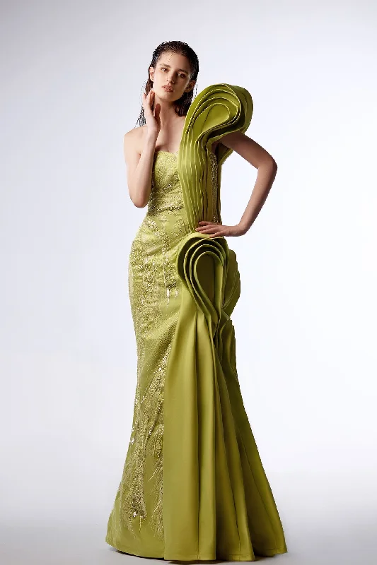 Embroidered gown with asymmetrical taffeta draping