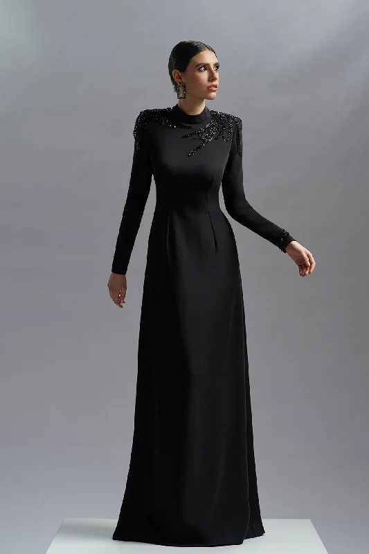 Embroidered neckline black crepe gown