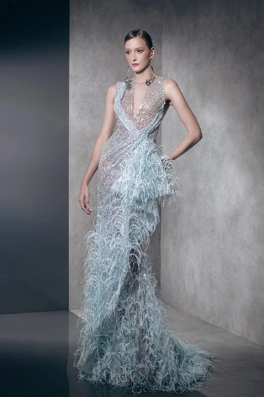 Fully beaded dress with feathers