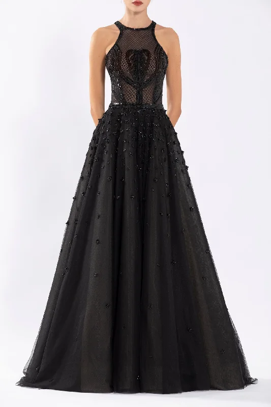 Halter neck tulle beaded gown