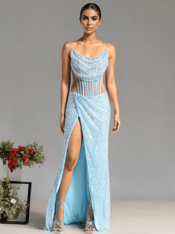 High Split Strapless Blue Sequins Sparkle Gowns