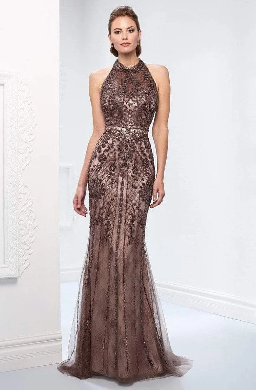 Ivonne D for Mon Cheri - 218D27 Beaded Lace Sheer Halter Fitted Dress