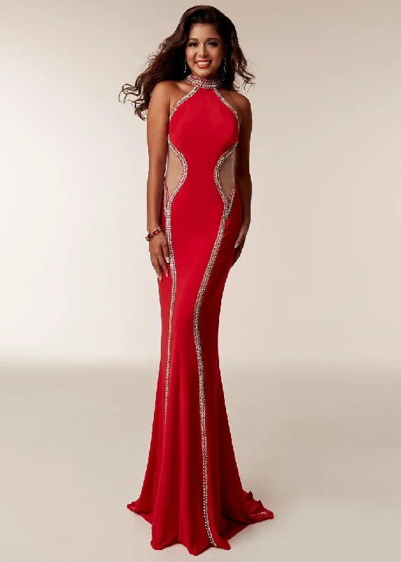 Jasz Couture - 6208 High Halter Contoured Jewel-Trimmed Panel Gown
