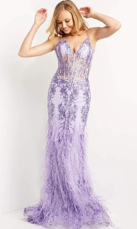 Jovani - 08141 Feather Accented Corset Gown