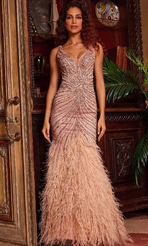Jovani 24058 - Plunging V-Neck Feathered Evening Gown