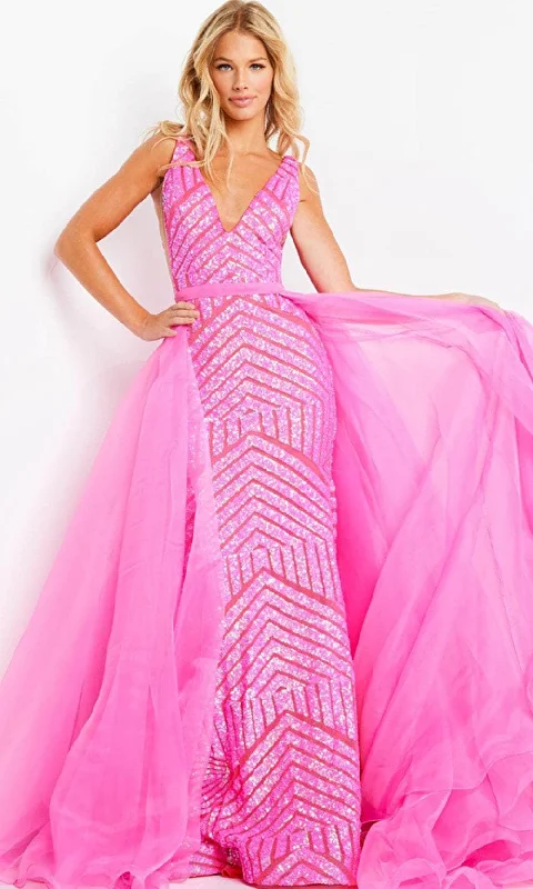 Jovani 25833 - Plunging Sequined Dress with Tulle Overskirt