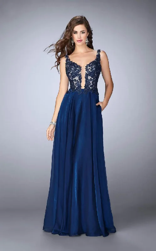 La Femme - 23802 Deep V Neck Illusion Lace Top Prom Gown
