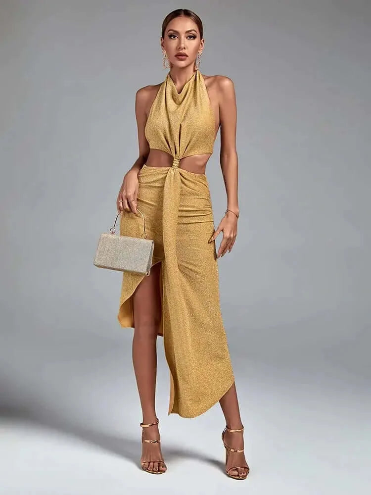 Leyla Halterneck Backless Gold Asymmetric Dress