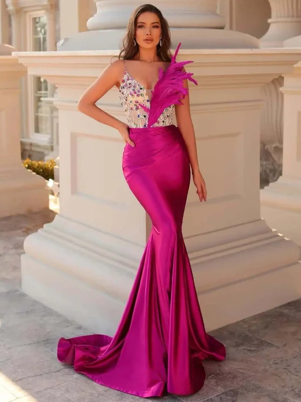 Loncha Satin Corset Dress With Stones and Feathers