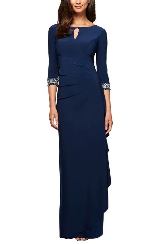 Long A-Line Jersey Dress with Side Ruched Cascade Skirt, Keyhole Cutout Neckline and Embllished Sleeves/Neckline