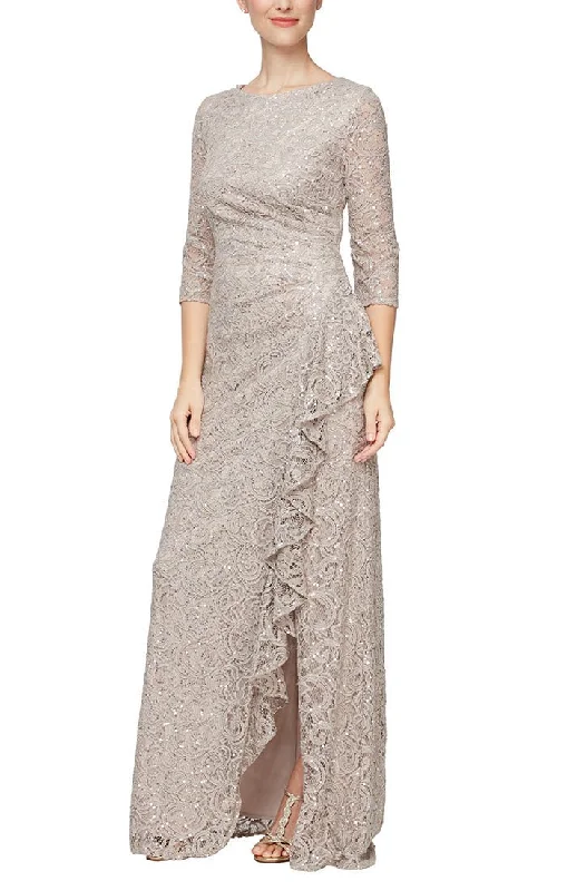 Sequin Lace Gown with 3/4 Sleeves & Cascade Detail Front Slit