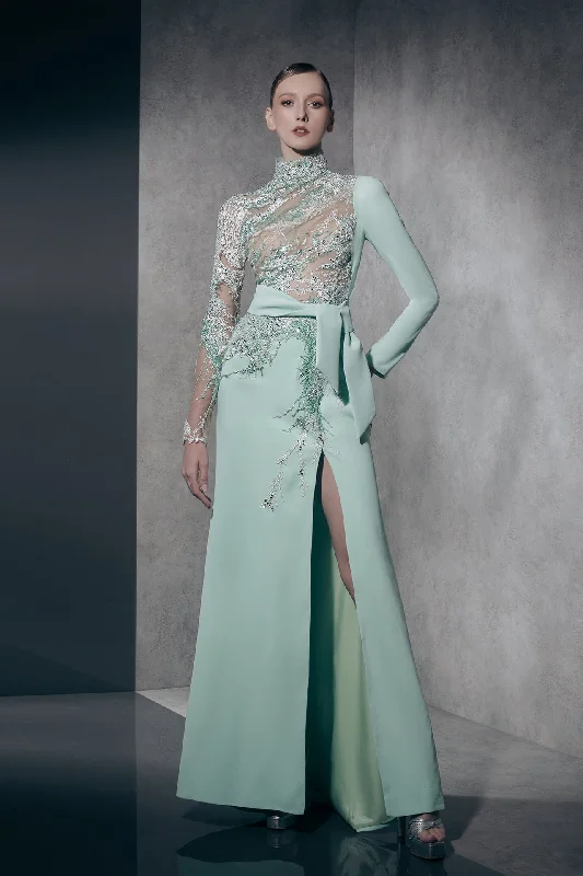 Long beaded crepe dress with slit