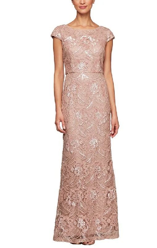 Long Embroidered Gown with Cap Sleeves & Sequin Detail