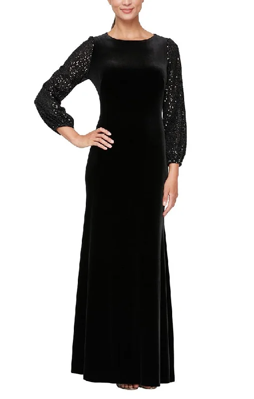 Long Fit and Flare Velvet Dress with Long Sequin Bubble Hem Sleeves