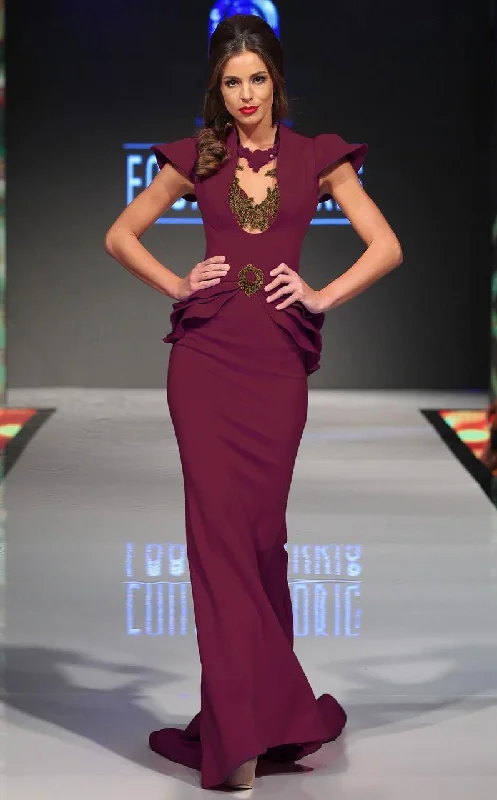 MNM Couture - 2295 Bell Cap Sleeve Peplum Sheath Gown