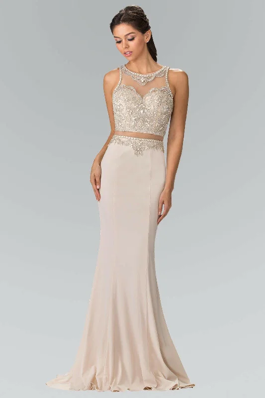 Mock Two-Piece with Beaded Top Long Prom Dress GLGL2342