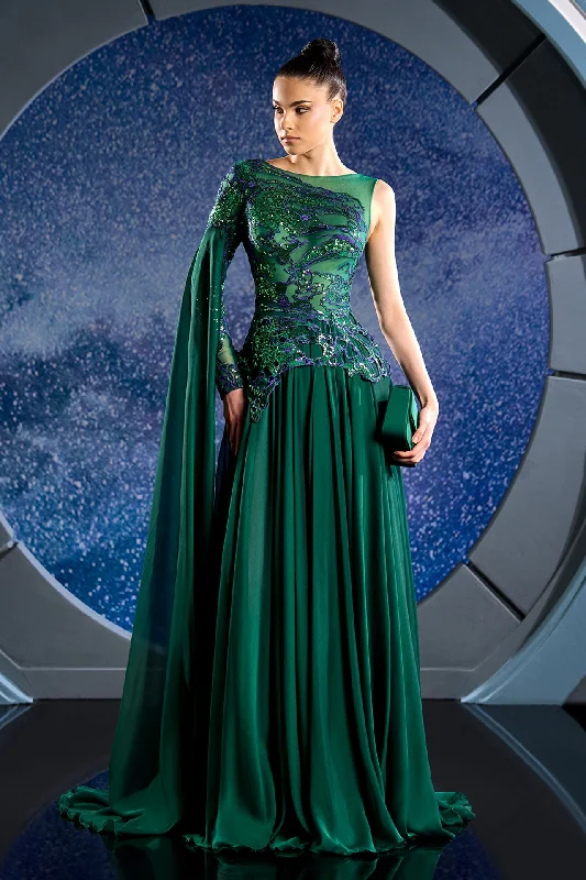 One sleeve mousseline dress with embroidery