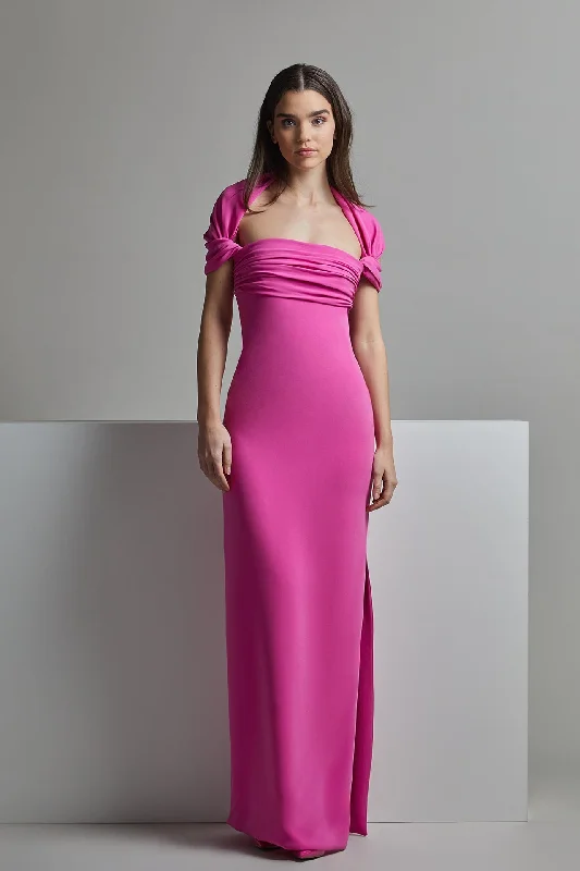 Open neckline crepe dress with pleats