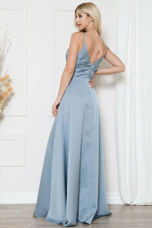Open V-Back Spaghetti Straps High Slit Saton Long Prom Dress ACBZ012