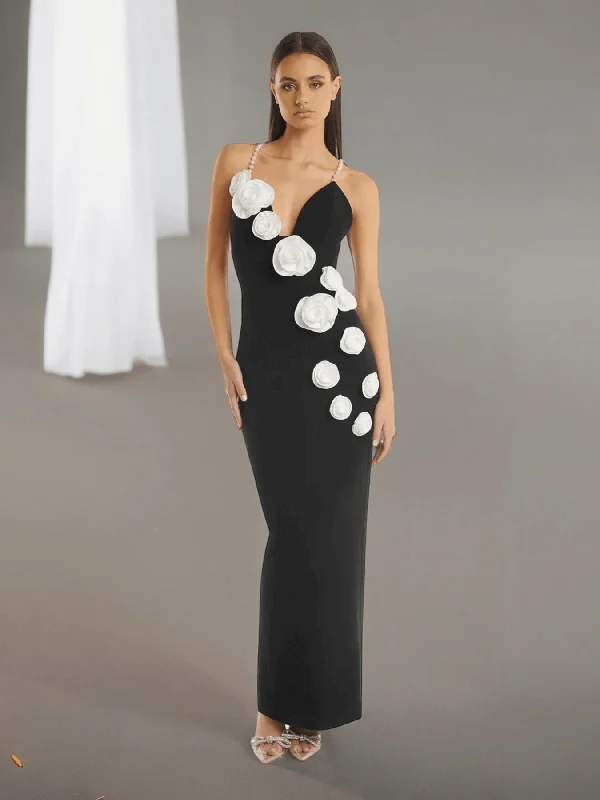 Pearl Spaghetti Strap Stereo Flowers Bandage Dress